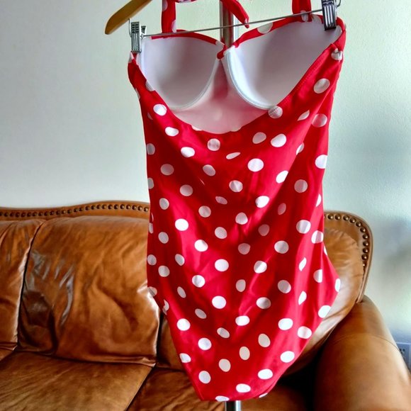COCOSHIP Pin Up Girl Red and White Polka Dot One Piece Suit Wired bra Size 3X - Picture 4 of 7